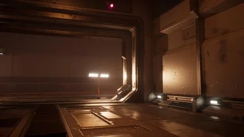 Interior view of a space station with metallic walls and subdued lighting Illustrazione stock