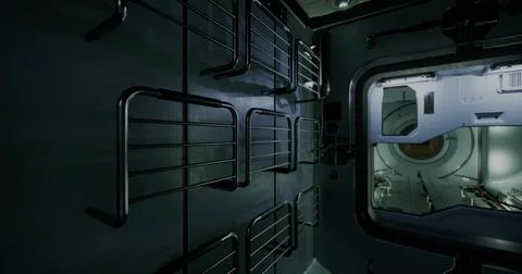 Interior view of a spacecraft module showing storage racks and an airlock Illustrazione stock