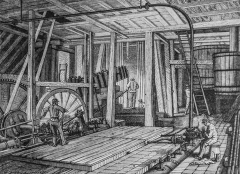 Interior view of the steam engine of the artesian well of passy, the pictures Stock Illustration