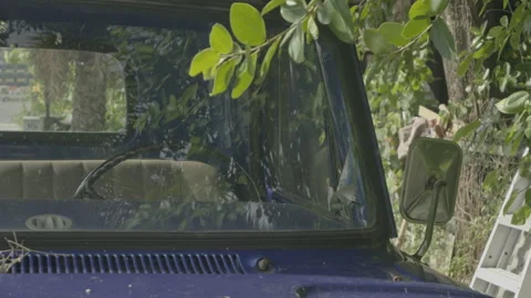 Interior view through the windshield of a classic blue truck Stock Footage 335732180