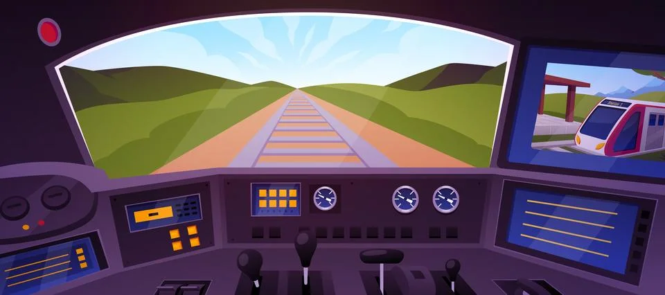 Interior view of a train drivers cabin, panoramic view from the window, tracks Stock Illustration