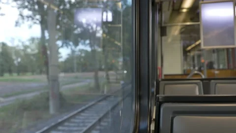 Interior view at train's empty window seat window. Stock Footage 223367435