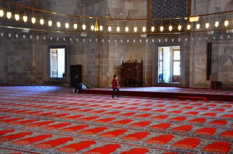Interior view of Üç Şerefeli (Tree Balconies) Mosque in Edirne, Turkey. Stock Photos