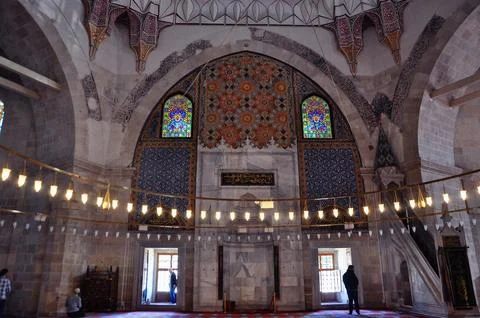 Interior view of Üç Şerefeli (Tree Balconies) Mosque in Edirne, Turkey. Stock Photos