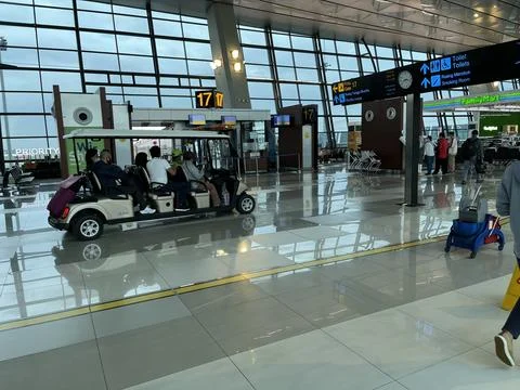 Interior view of waiting room inside an airport Stockfoto's
