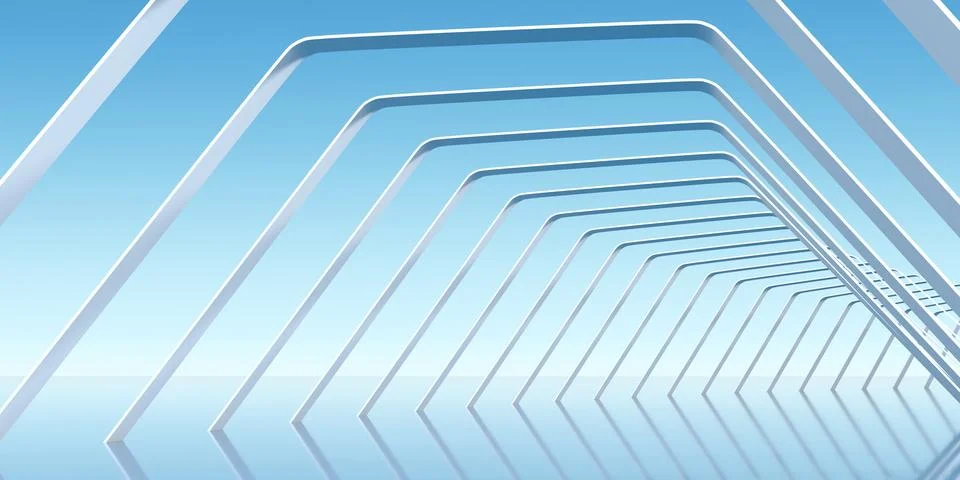 Interior View of White Geometric Framed Corridor Under Blue Sky Illustration