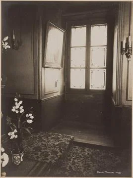 Interior view of a window of the small chapel, flowers in the foreground, ... Stock Photos