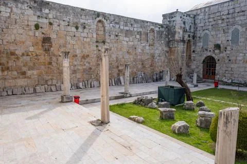 Interior view of yard of Isa Bey mosque built in 1375 in Izmir Stock Photos