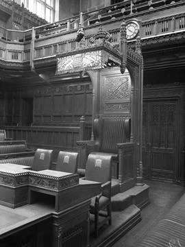 Interior Views Of The New House Of Commons. The Speakers Chair Glass Neg. Stock Photos