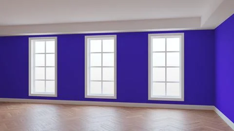 Interior with Violet Walls, Three Large Windows, Light Glossy Parquet Stock Illustration