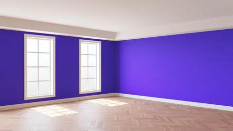Interior with Violet Walls, Two Windows, White Ceiling and Cornice Illustrazione stock