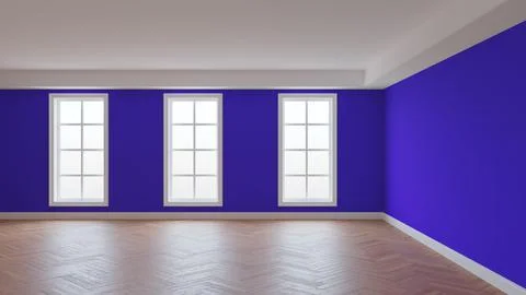 Interior with Violet Walls, White Ceiling and Cornice, Three Large Windows Illustrazione stock