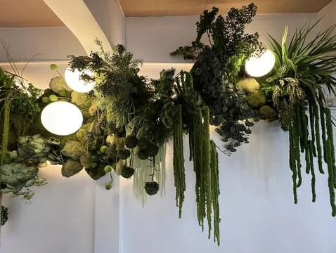 Interior wall decoration featuring artificial green and round lamps Stock Photos