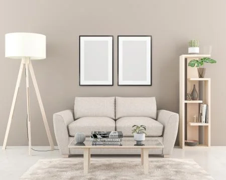 Interior wall with two blank Posters. 3D render Stock Illustration