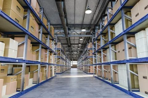 Interior of warehouse with boxes 3d render Ilustração Stock