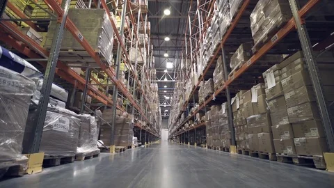 Interior of warehouse with racks full of cardboxes Stock Footage 75945031