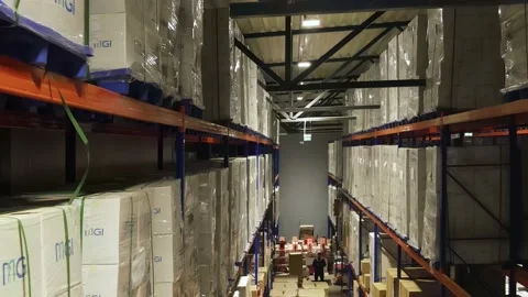 Interior of a warehouse storage with pallets, high shelves, boxes, loaders. Stock Footage 193516907