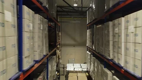 Interior of a warehouse storage with pallets, high shelves, boxes, loaders. Stock Footage 193519176