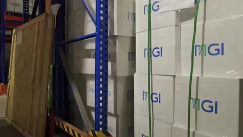 Interior of a warehouse storage with pallets, high shelves, boxes, loaders. Stock Footage 193528917