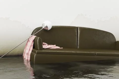 An interior water damage brown sofa 3d illustration Ilustración de archivo