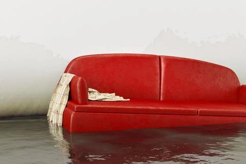 An interior water damage red sofa 3d illustration Ilustración de archivo