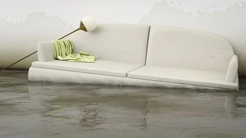 An interior water damage white sofa. 3d illustration Ilustración de archivo
