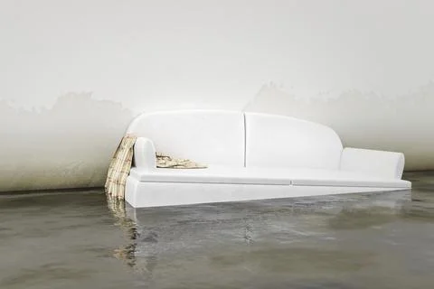An interior water damage white sofa 3d illustration Ilustración de archivo