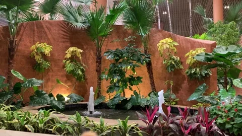 Interior water fall with lush green trees in banglore airport Video stock 273787301