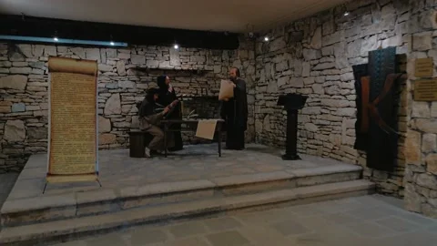 Interior with wax figures in The Yard of the Cyrillic Alphabet museum in Pliska 스톡 동영상 138707553