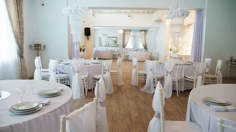Interior of the wedding banquet room with decor Stock Footage 97716331