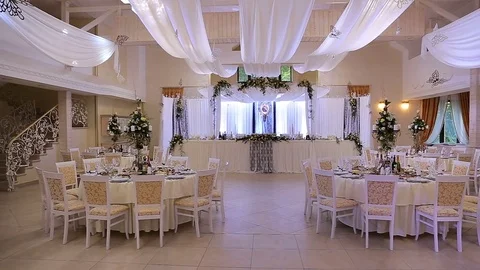 Interior of a wedding hall decoration ready for guests.Beautiful room for Stock Footage 76346384