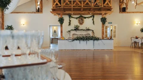 Interior of a wedding hall decoration ready for guests. Beautiful room for Видео 104926977