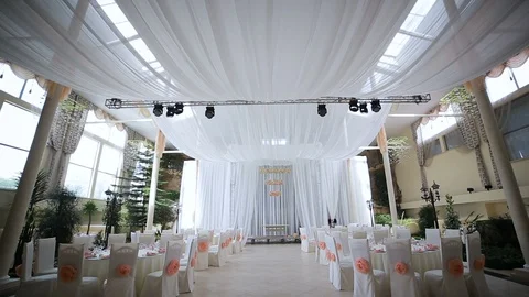Interior of a wedding hall decoration ready for guests. Room for ceremonies Stock Footage 107376152
