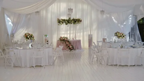 Interior of a wedding hall decoration ready for guests. Wedding decorations. Stock Footage 128448722
