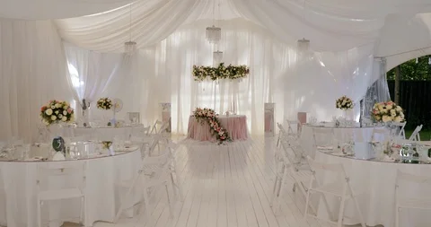 Interior of a wedding hall decoration ready for guests. Wedding decorations. Stock Footage 130047119