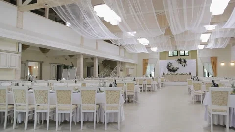 Interior of a wedding hall decoration ready for guests Stock Footage 132697282