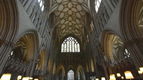 Interior of Wells Cathedral - Ceiling and Choir Stock Footage 90620709