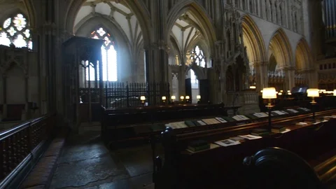 Interior of Wells Cathedral - Choir Scanning, Organ and Benches Stock Footage 90620779
