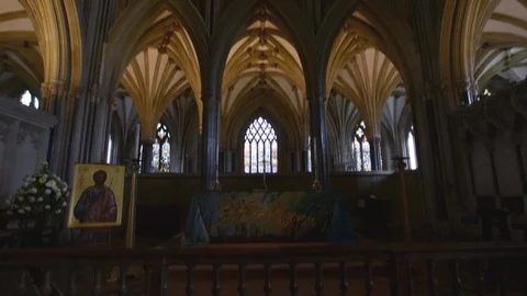 Interior of Wells Cathedral - Golden Window and High Altar Stock Footage 90620522