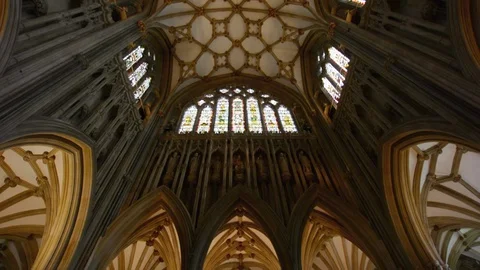 Interior of Wells Cathedral - High Altar and Golden Window Stock Footage 90620422