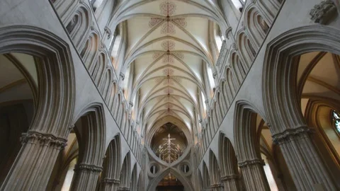 Interior of Wells Cathedral - Nave and Ceiling Stock Footage 90620957