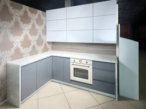 Interior of white and grey kitchen, horizontal. Luxury modern fitted flat design Stock Photos