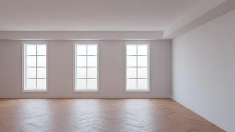 Interior with White Wall, White Ceiling and Conrnice, Three Large Windows Stock Illustration