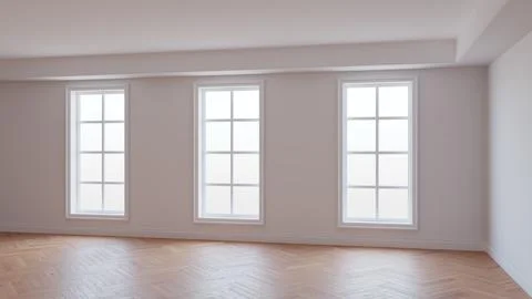 Interior with White Walls, Three Large Windows, Light Glossy Herringbone Parquet Stock Illustration