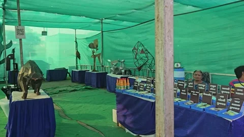 Interior wide shot shows an organized contemporary art gallery exhibition set Stock Footage 337541221