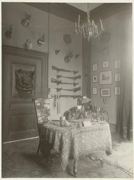 Interior of the Wildbaan, Driebergen, with weapons and hunting tackle. Cop... Stock Photos