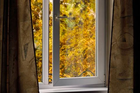 Interior window sill orange color background with October leaves outdoor view 스톡 사진