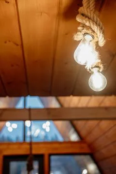 Interior of a wooden triangular house in the forest Foto stock