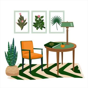 Interior of work cabinet in botanical green style. Vector vintage cozy room w Stock Illustration