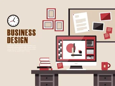 Interior of working place in flat design Stock Illustration